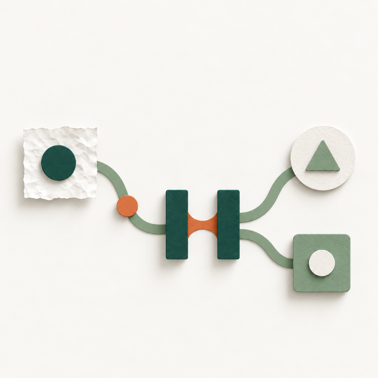 A calm HSF gateway connecting three organized tactile forms